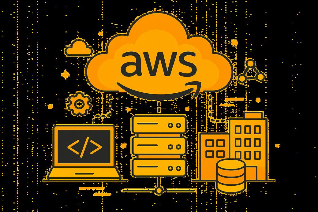 Logo AWS dengan ilustrasi infrastruktur cloud computing